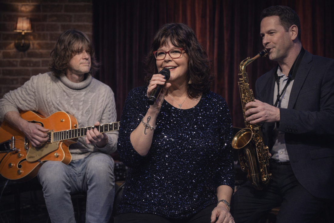 Artiestengroep die feestend publiek vermaakt